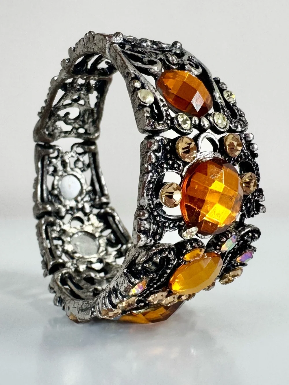 Amber Crystal Metal Cuff Bracelet Scrollwork Iridescent Rhinestone